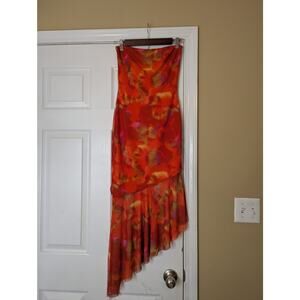 Pretty Little Thing Orange Asymmetric Mesh Midi Dress- Size US 6